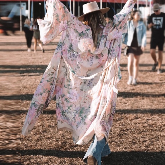 Boho Paradise Petals Bohemian Pink Gypsy Kimono Duster - Picture 7 of 16